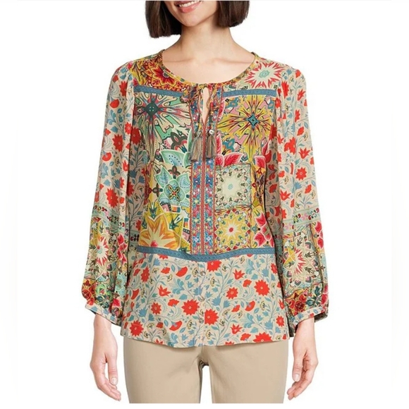 John MarkWoven Floral Print Split Neck 3/4 Cuffed  Tassel Tie Embroidered Tunic - Picture 1 of 10